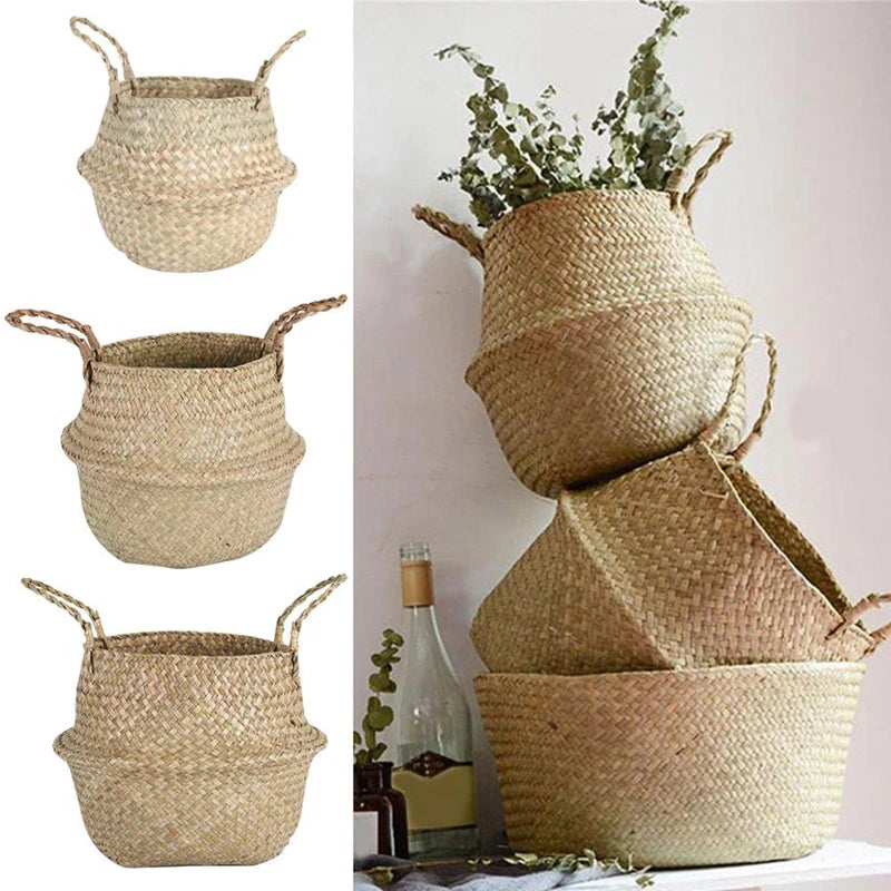 panier tissé osier pliable rangement stockage beige clair rustique naturel poignées corde