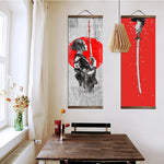 toile peinte art japonais femme épée fond texturé classique blanc noir rouge gris