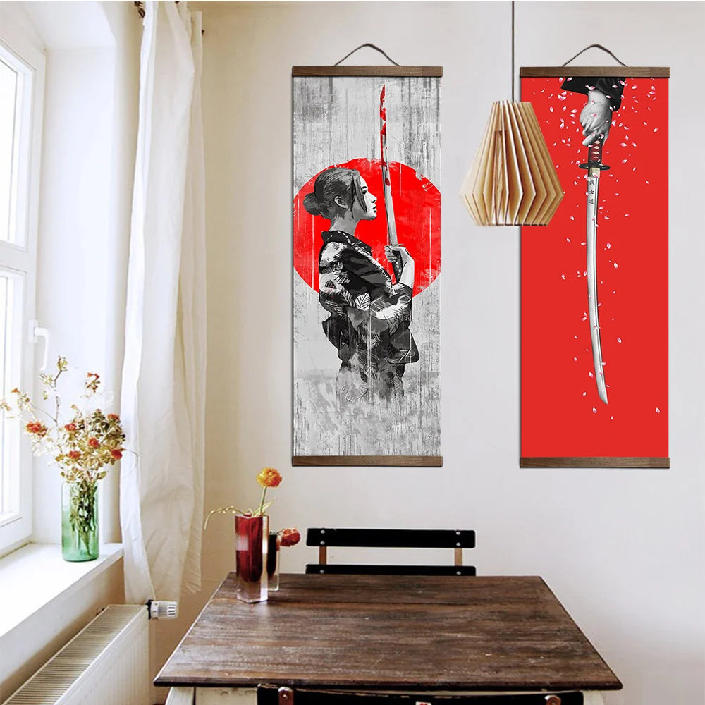 toile peinte art japonais femme épée fond texturé classique blanc noir rouge gris