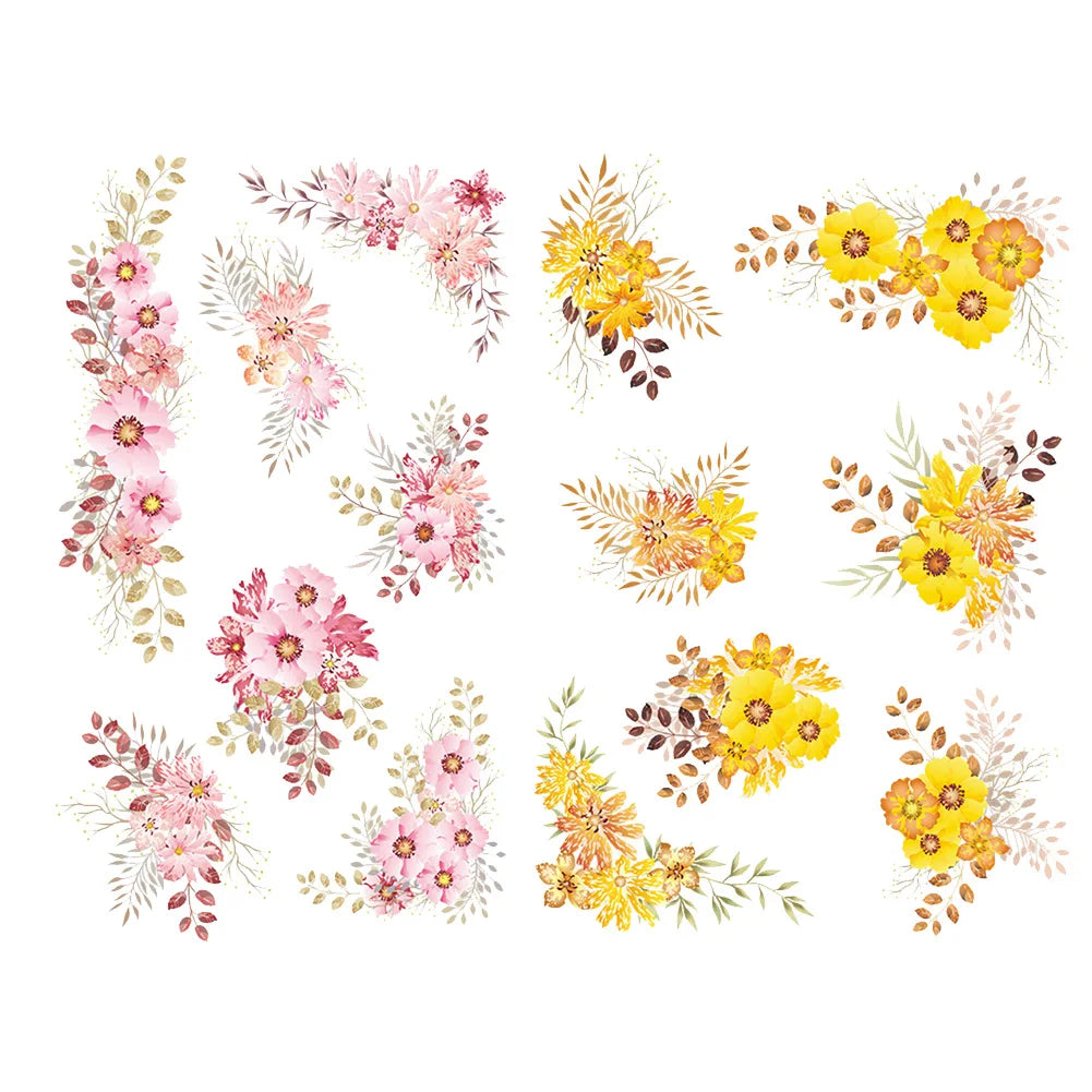 sticker mural adhésif fleurs aquarellées rose rouge jaune marron vert moderne chambre salon