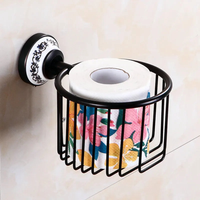 accessoires salle bain noir blanc motif floral classique porte serviettes papier toilette porte savon