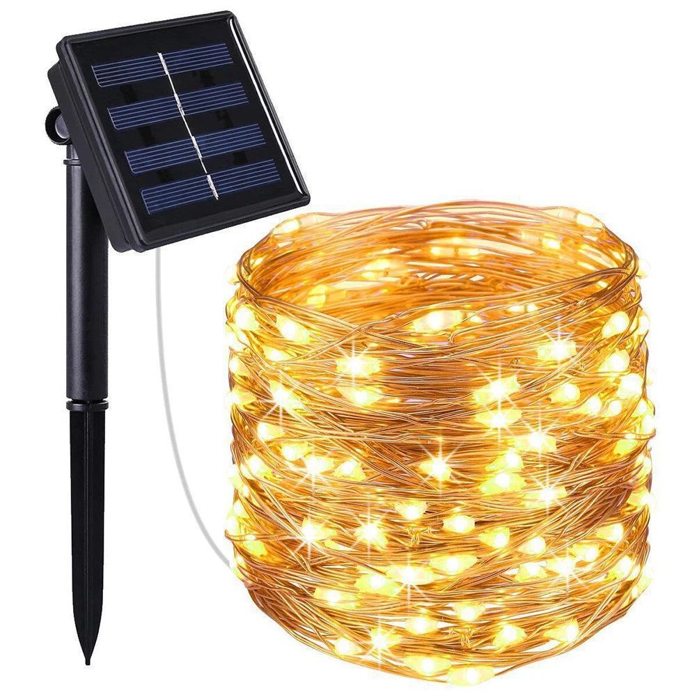 guirlande lumineuse solaire led jaune doré blanc multicolore féerique extérieure 30mètres 8modes scintillants imperméable