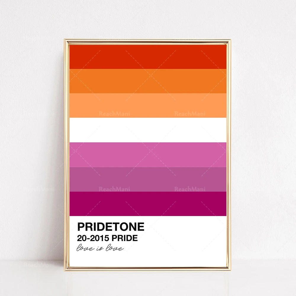 Cette image représente un dégradé de couleurs vives, avec les tons allant du rouge orangé au rose fuchsia, encadré par un cadre doré. Le texte "PRIDETONE 20-2015 PRIDE" est affiché en dessous, avec la mention "Love is love" sous le titre.