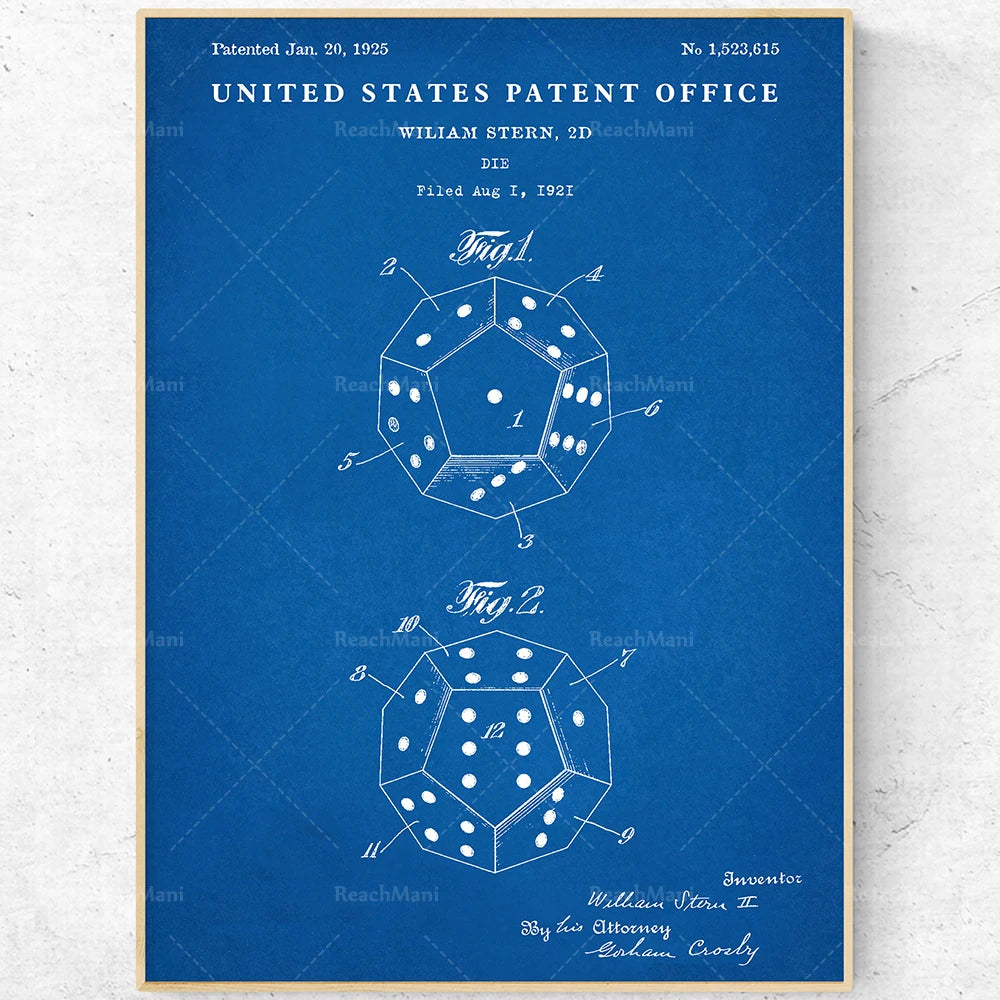 L'image représente un brevet de la United States Patent Office pour un dé orné de points, déposé par William Stern en 1921.