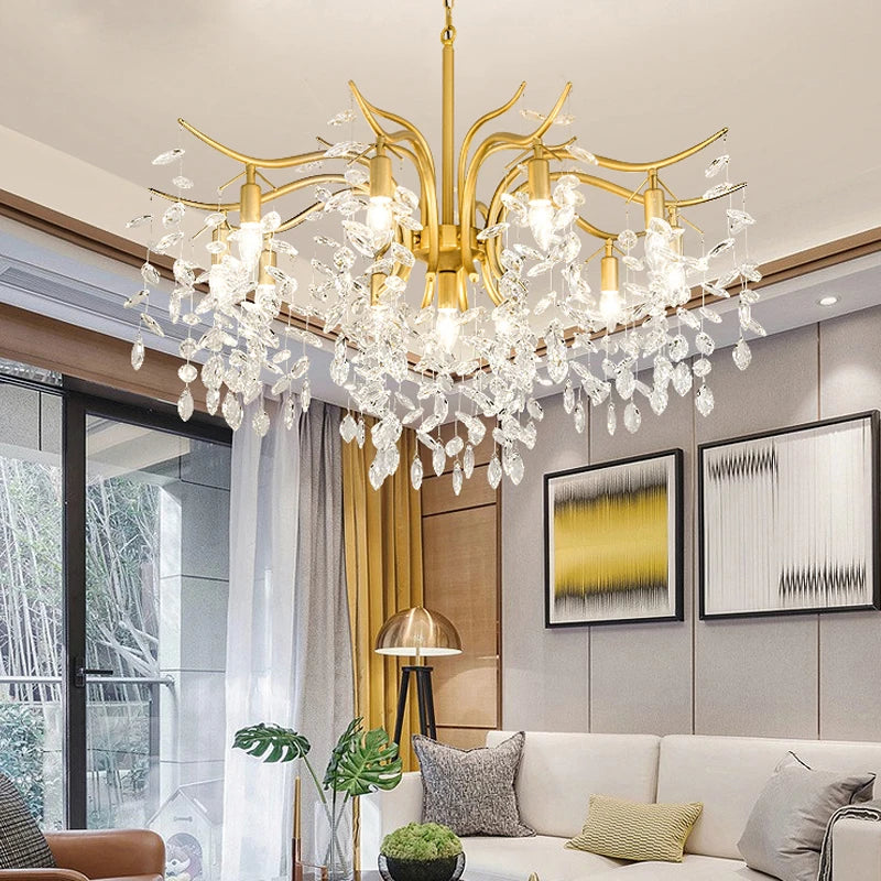 lustre moderne cristal K9 doré noir ampoules LED branches stylisées transparentes salon mariage