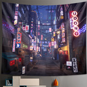 tapisserie murale nuit japonaise enseignes lumineuses rouge jaune urbaine bohème zen passants rue animated