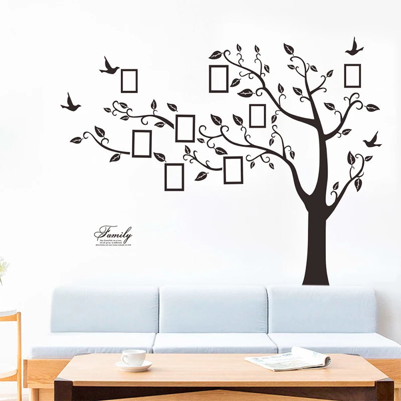 sticker mural moderne arbre branches feuilles oiseaux cadres photo noirs décoration intérieure