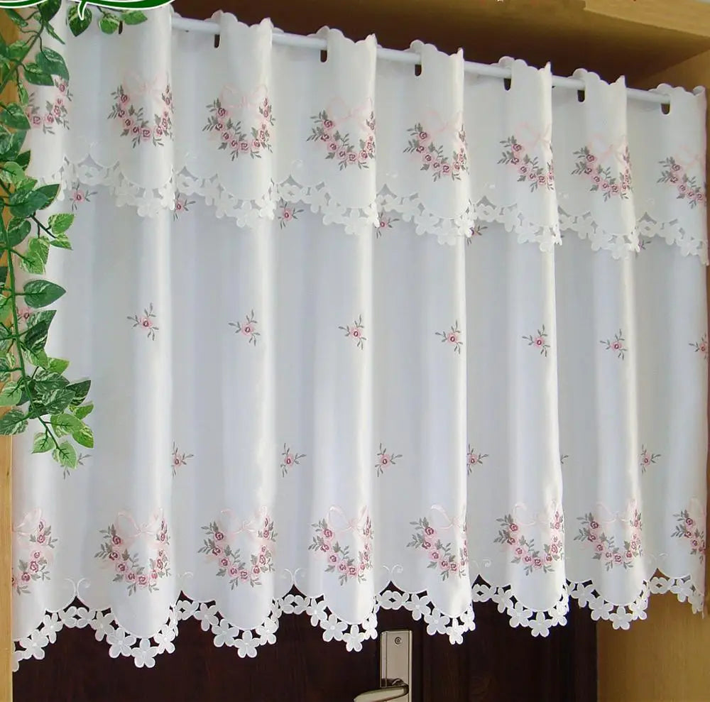 rideau semi transparent fleuri brodé blanc rose fenêtre chambre vintage 30cm 88cm