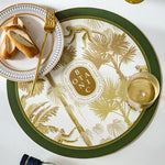 placemat rond vert blanc doré palmiers singes botanics assiette fourchette pain verre vin livre