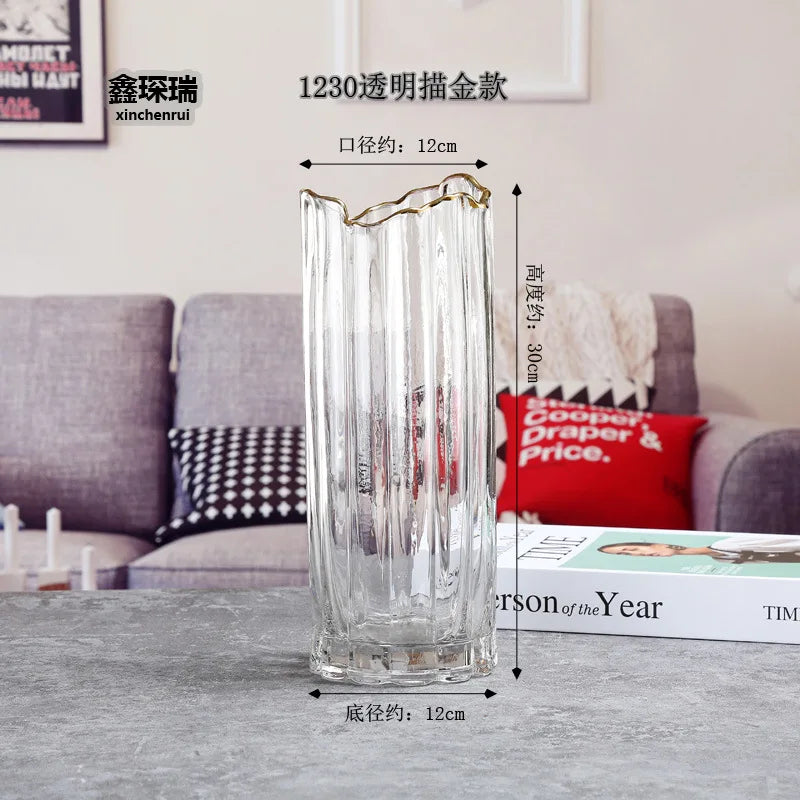 vase verre transparent moderne rayures horizontales couleurs vert gris rose rouge dorés fleurs artificielles