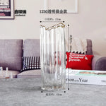 vase verre transparent moderne rayures horizontales couleurs vert gris rose rouge dorés fleurs artificielles