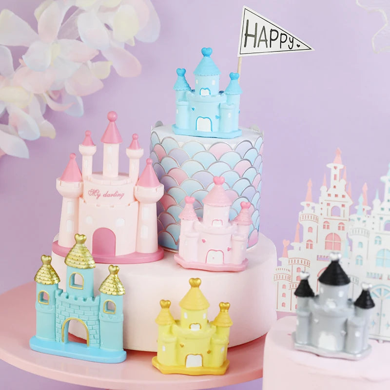 décoration anniversaire château miniature résine rose bleu jaune gris blanc doré simple architecture enfantine