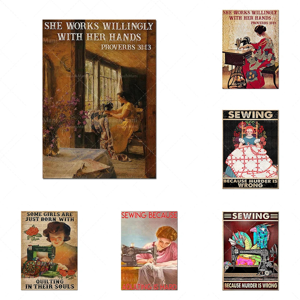 Une sélection d'affiches vintage célébrant le travail manuel et l'artisanat, mettant en valeur l'importance du savoir-faire et la créativité des femmes.