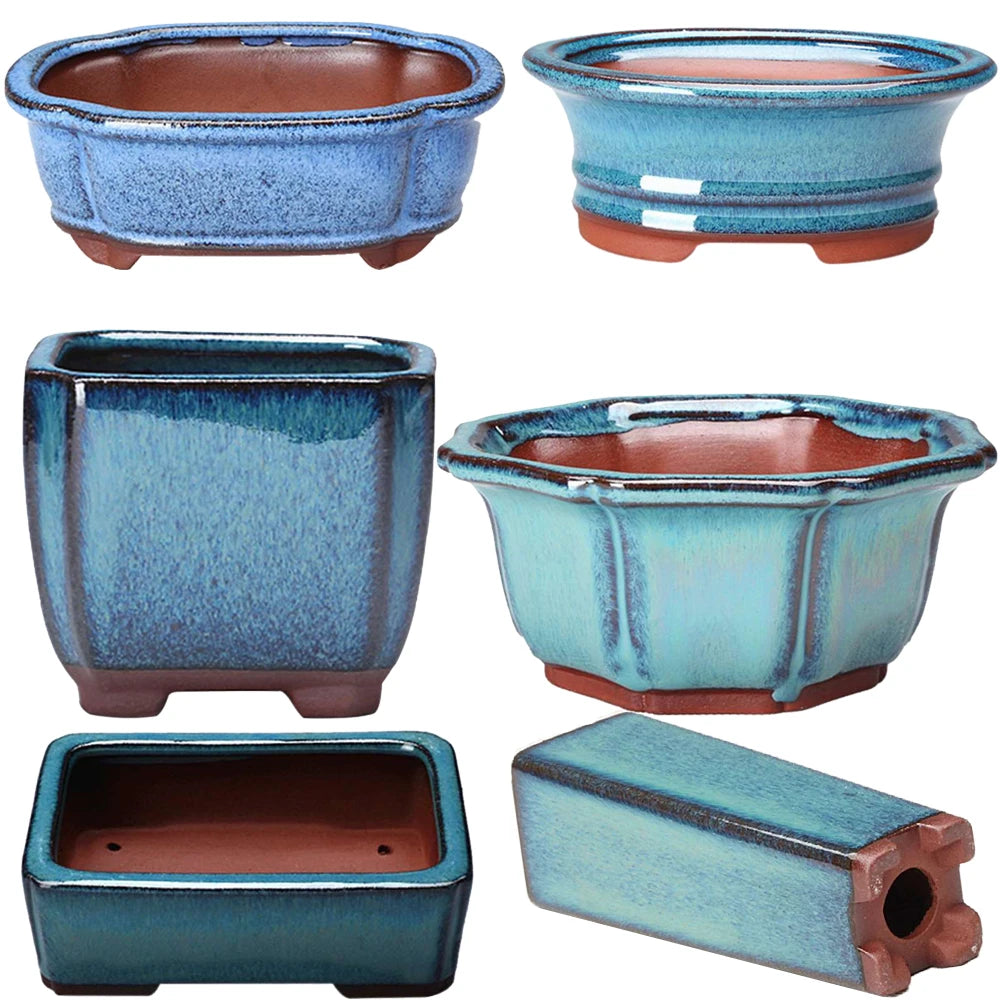 pots bonsaï chinois céramique porcelaine bleu brun texture grès effet craquelé classique artisanal