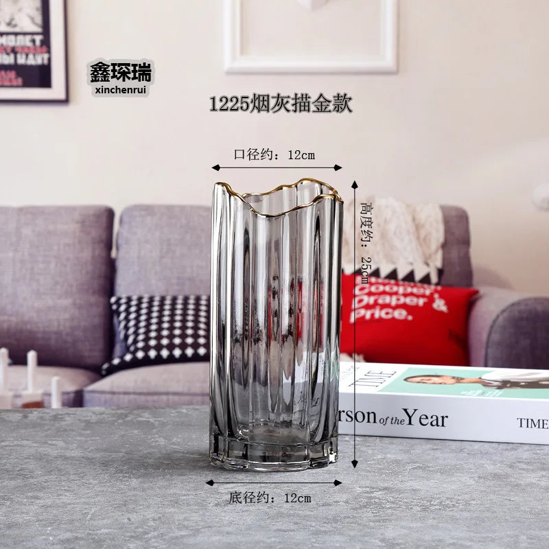 vase verre transparent moderne rayures horizontales couleurs vert gris rose rouge dorés fleurs artificielles