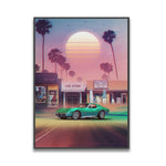 Une scène rétro avec une voiture vintage verte garée devant un magasin de vidéos dans un paysage urbain aux couleurs pastel, sous un ciel coloré avec un soleil couchant.
