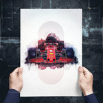 Une puissante voiture de course de Formule 1 rouge et noire sur un fond de couleurs abstraites.