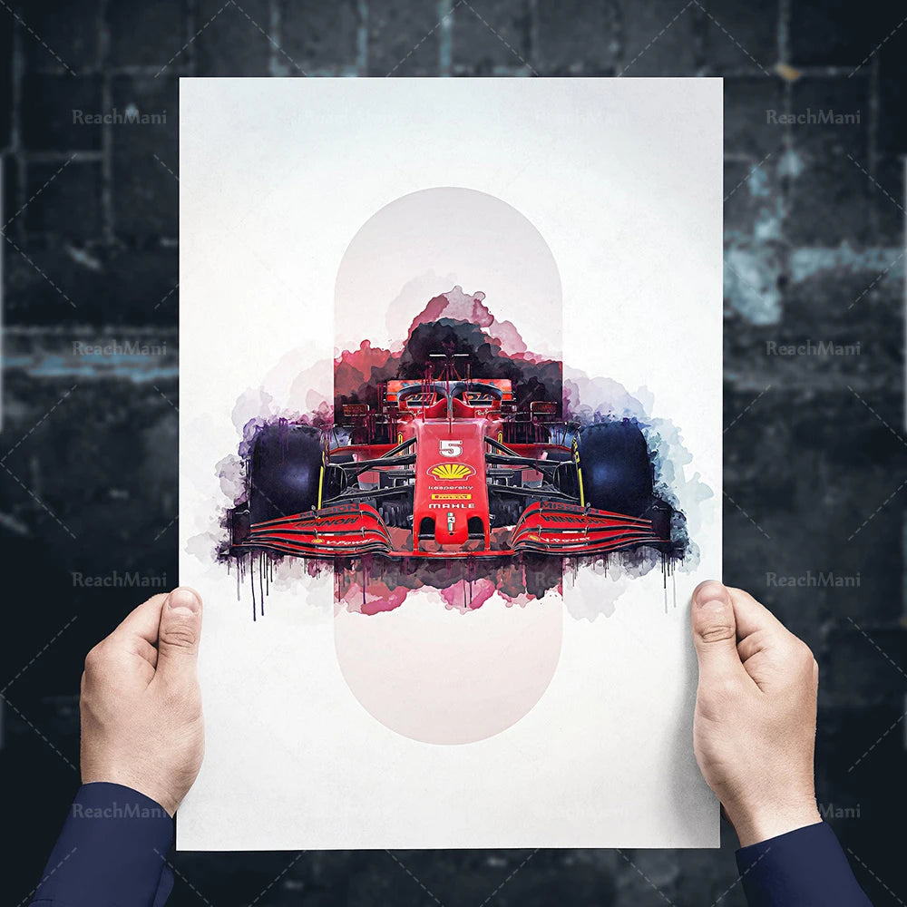 Une puissante voiture de course de Formule 1 rouge et noire sur un fond de couleurs abstraites.