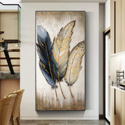 toile art abstraite plumes bleu doré contemporain décoration murale texteur peinture salon chambre