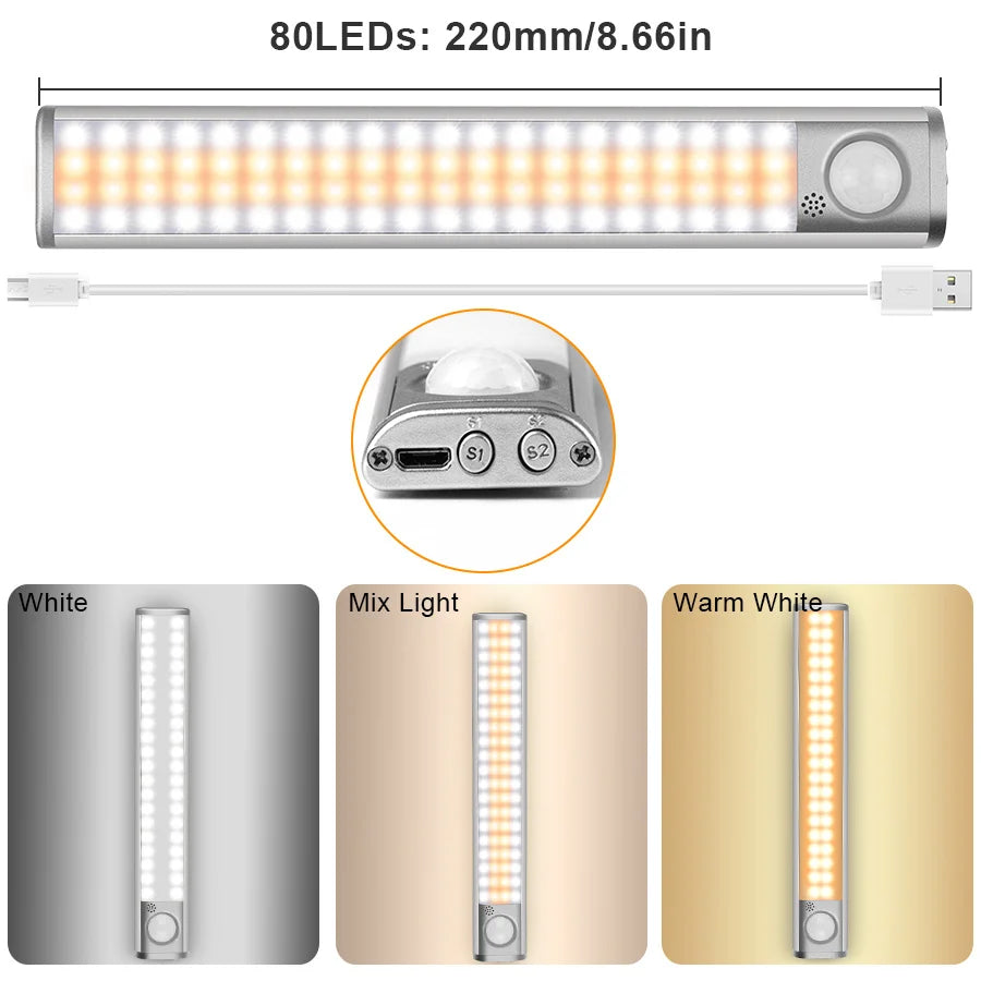 lampe led détecteur mouvement recharge usb adhésive magnétique blanc argenté moderne