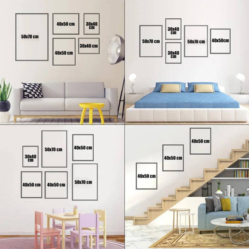 Différentes tailles de cadres décoratifs dans un salon moderne, une chambre lumineuse et une salle de jeux pour enfants, mettant en valeur l'importance du positionnement des œuvres d'art dans l'aménagement intérieur.