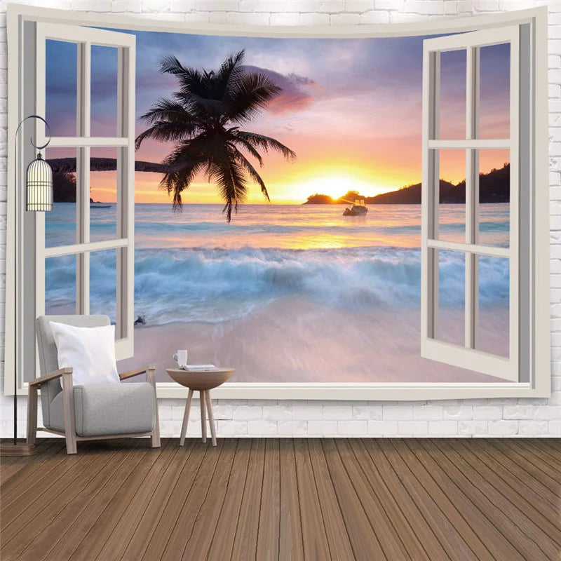 tapisserie murale paysage plage coucher soleil cascade verte moderne blanche bleue chambre décoration