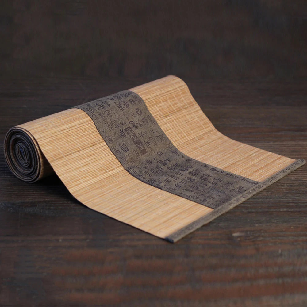 tapis table runner tissage bambou rayures chinoises beige bordeaux traditionnel artisanal maison decoration