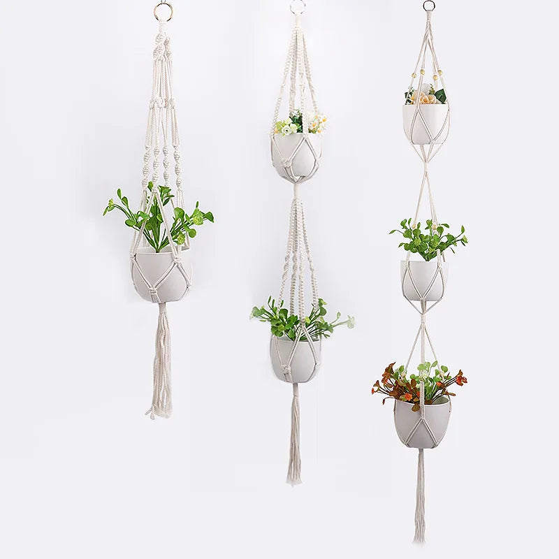 supports plantes macramé pots fleurs blanc cassé crème tressage nœuds décoratifs bohème rustique artisanal