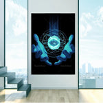 L'image montre un élément géométrique bleu lumineux flottant dans les mains d'une personne, entouré de symboles mystiques, créant une atmosphère ésotérique et futuriste.