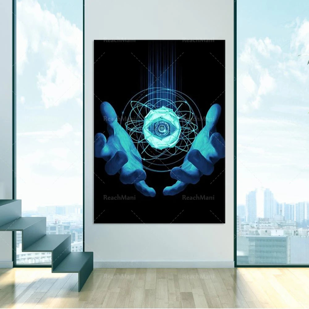 L'image montre un élément géométrique bleu lumineux flottant dans les mains d'une personne, entouré de symboles mystiques, créant une atmosphère ésotérique et futuriste.