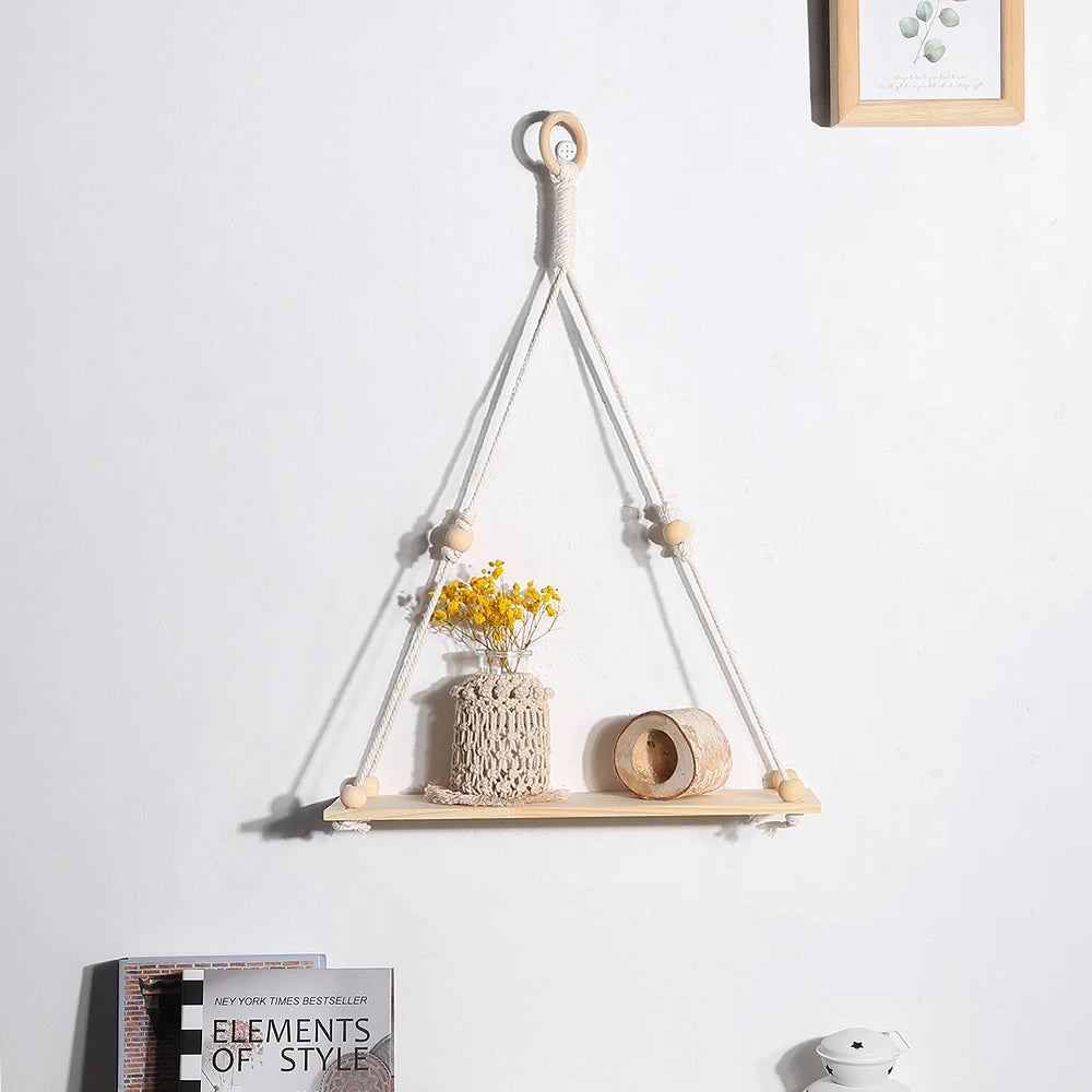 étagère suspendue macramé bois naturel boho artisanale chambre salon plante artificielle vase céramique statuette