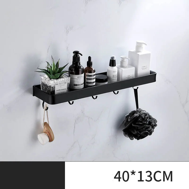étagère salle bain double niveau murale alliage aluminium noir lisse moderne serviettes pots crèmes