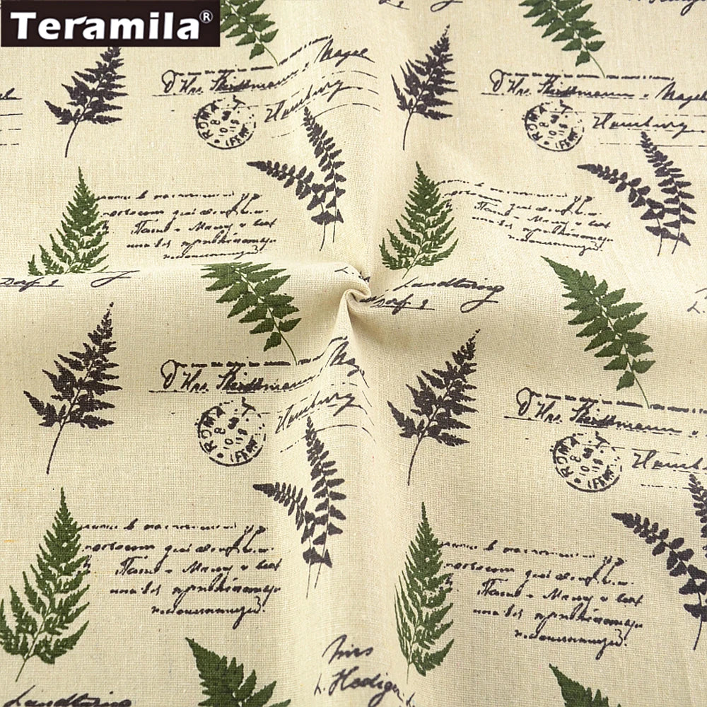 tissu vintage rustique fougères écriture manuscrite beige vert foncé noir décoration maison sac nappe