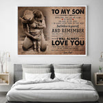 Une image montre un homme serrant tendrement son fils dans une étreinte chaleureuse, avec un texte émotionnel adressé au fils l'encourageant à avoir confiance en lui-même et à savoir que son père l'aimera toujours, quel que soit l'endroit où il se trouve.