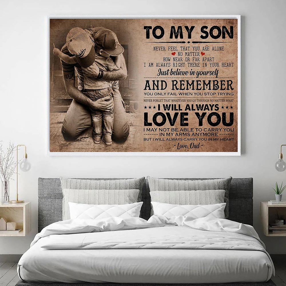 Une image montre un homme serrant tendrement son fils dans une étreinte chaleureuse, avec un texte émotionnel adressé au fils l'encourageant à avoir confiance en lui-même et à savoir que son père l'aimera toujours, quel que soit l'endroit où il se trouve.