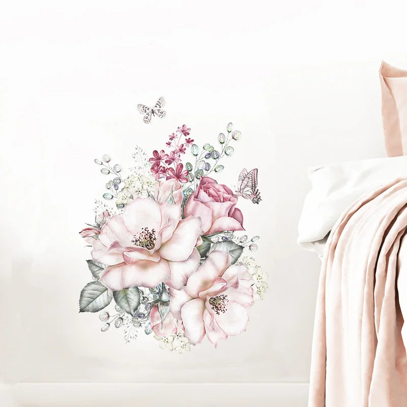 autocollant mural fleurs papillons romantique couleur rose blanc vert gris dimension 50cm 37cm résistant