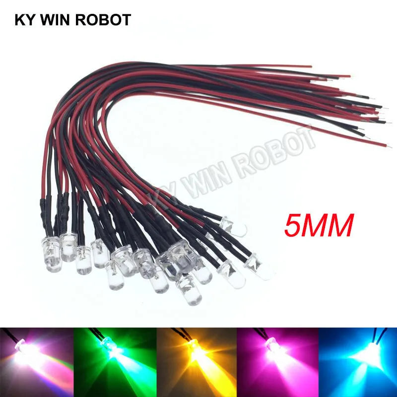 diodes led transparentes opalescentes 5mm ronde lisse 12v 24v fil rouge noir 10 pièces