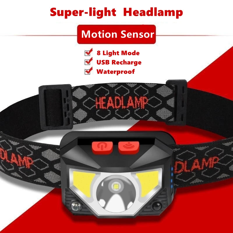 lampe frontale led rechargeable usb noir mode capteur mouvement étanche six modes lumière adjustable