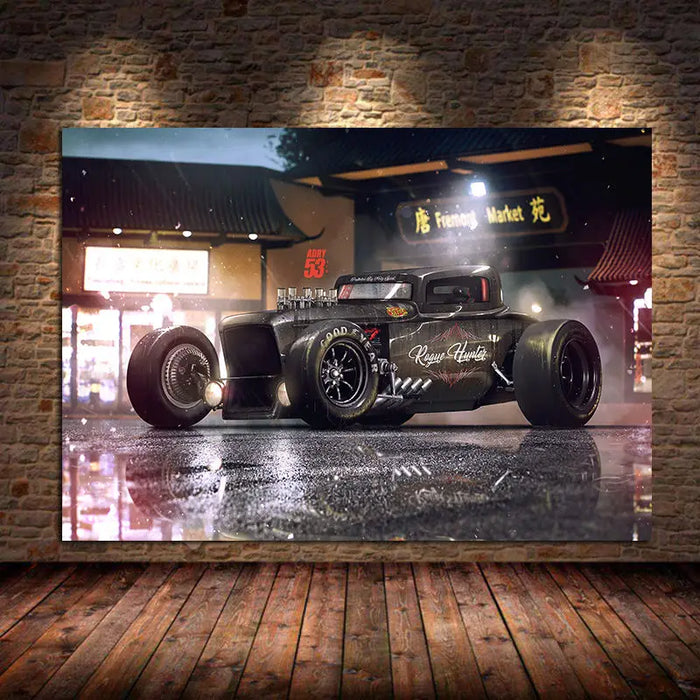 Tableau mural voiture Hot Rod vintage sur toile blanche