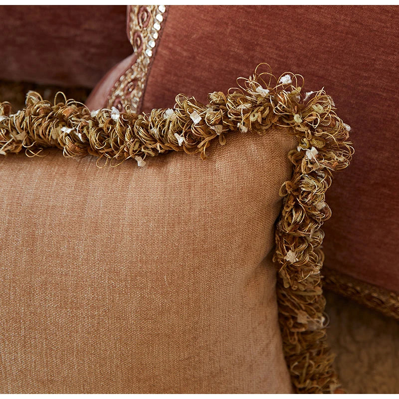 taies d'oreiller jacquard géométrique rose pâle bordure dorée élégantes polyester respectueuses environnement casa decoration