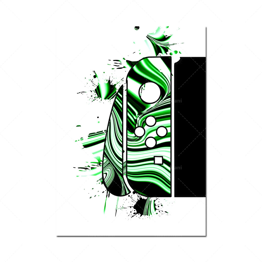 Une œuvre d'art abstraite en vert et noir, composée de formes géométriques et de taches de couleur qui créent une composition dynamique et captivante.