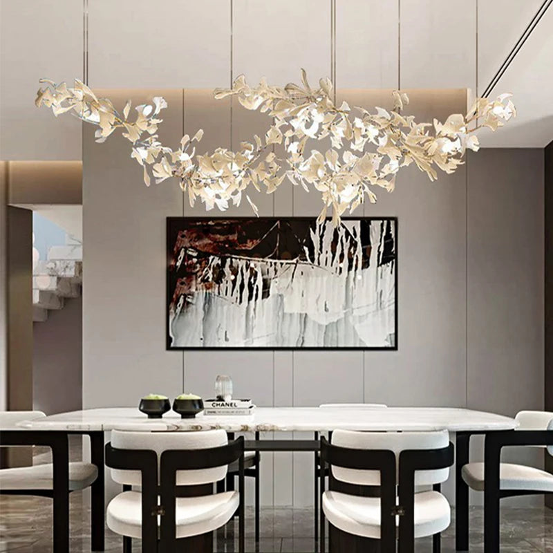 lampe suspendue feuilles gingko blanc doré contemporaine élégante salon chambre lumière chaînes porcelainière