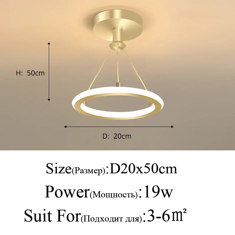 suspension lumineuse moderne led anneau blanc doré fer opaque chambre salon decoration intérieure chaine
