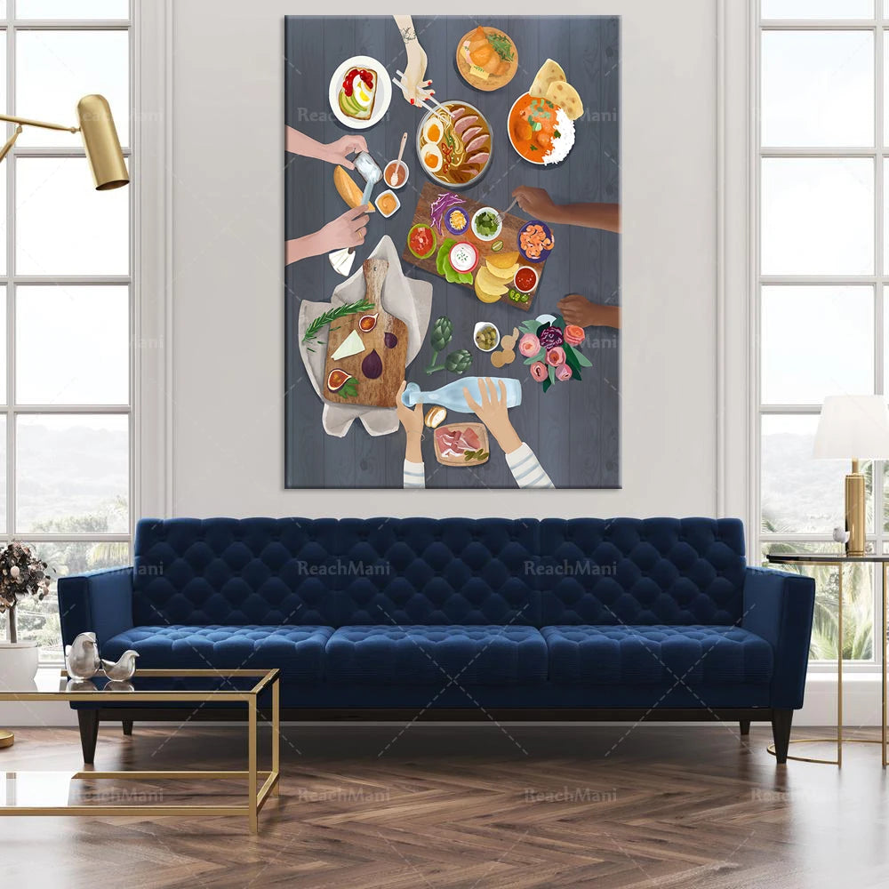 Une riche et appétissante scène culinaire affichée sur un mur, mettant en valeur une grande variété de délicieux plats et ingrédients prêts à être partagés.