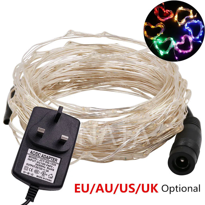 Guirlande lumineuse féerique en fil d'argent illuminant un jardin pour Noël