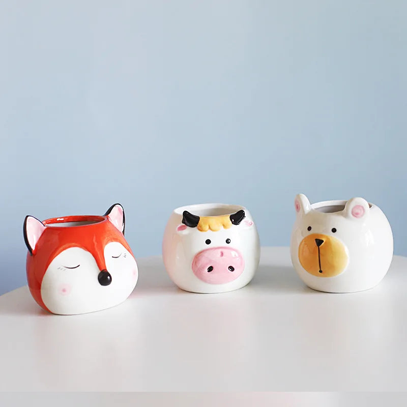 cache pot animaux cartoon cactus ours girafe renard chat fleur verte porcelain moderne