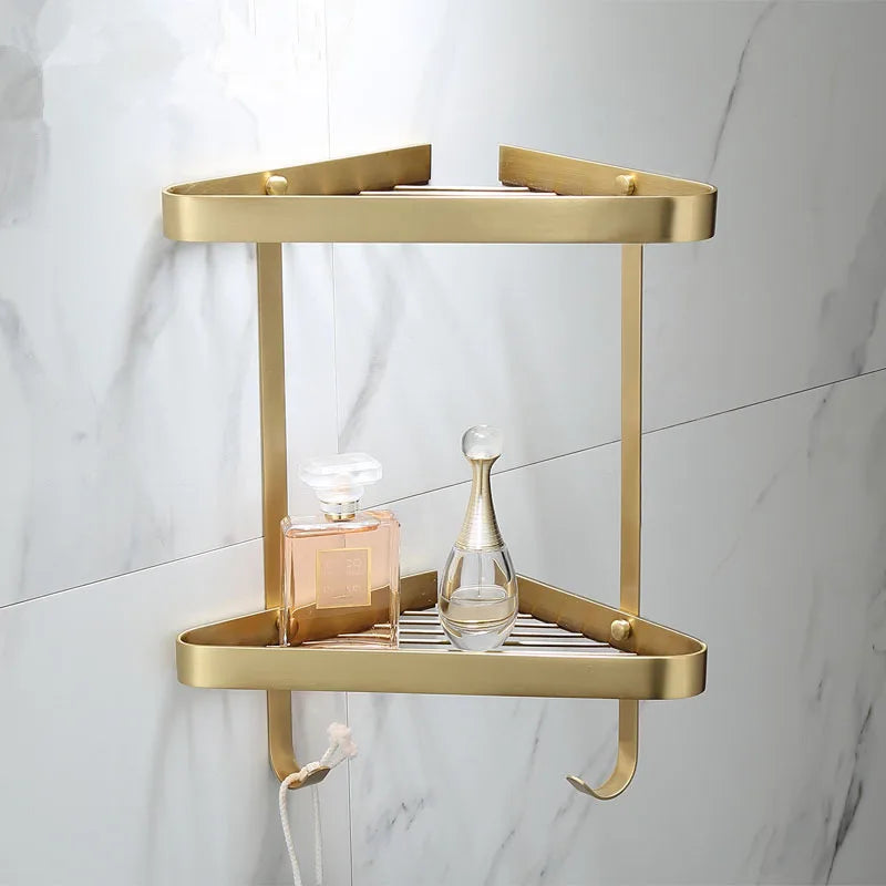 étagère salle bain dorée moderne deux niveaux fixations bouteilles parfum pot crème porte savon