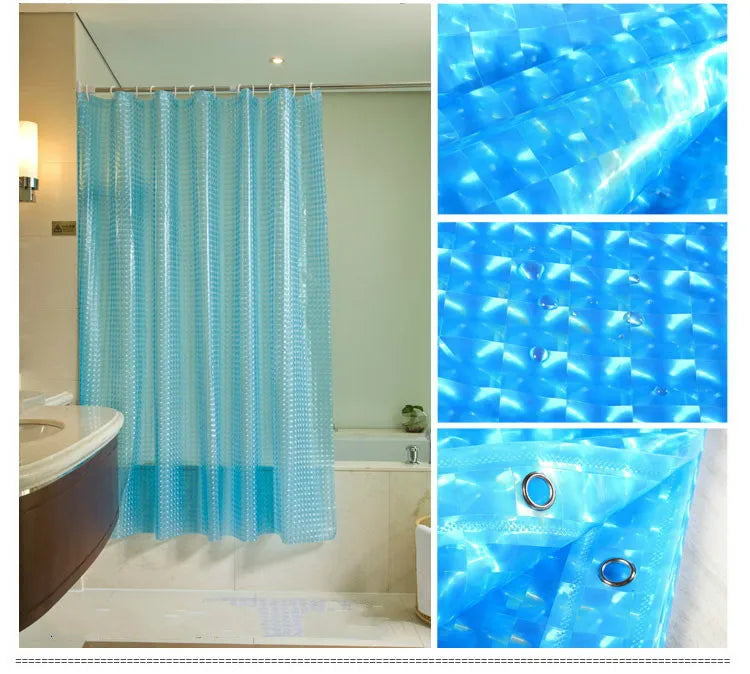 rideau douche moderne rose bleu blanc translucide texture points anneaux métalliques salle bain