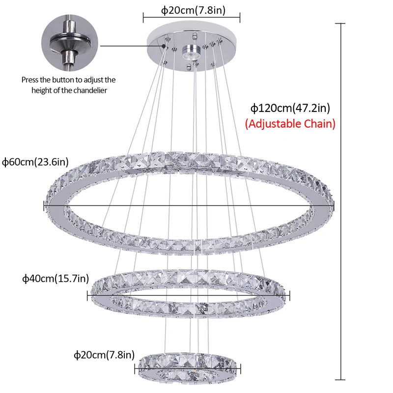 suspension lumineuse moderne anneaux cristal poli blanc doré strass haute luminosité télécommande
