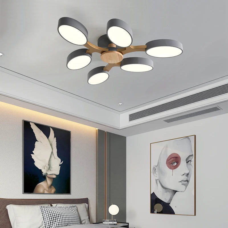 plafonnier moderne bois naturel gris blanc circulaire contemporain opacité(touches marche/arrêt) LED 6sources 2000 82000lm